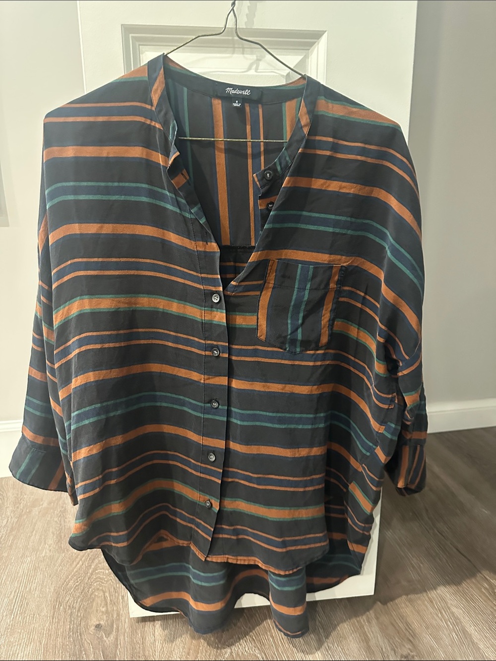 Madewell Black Button-Front Shirt with Rust & Teal Stripes